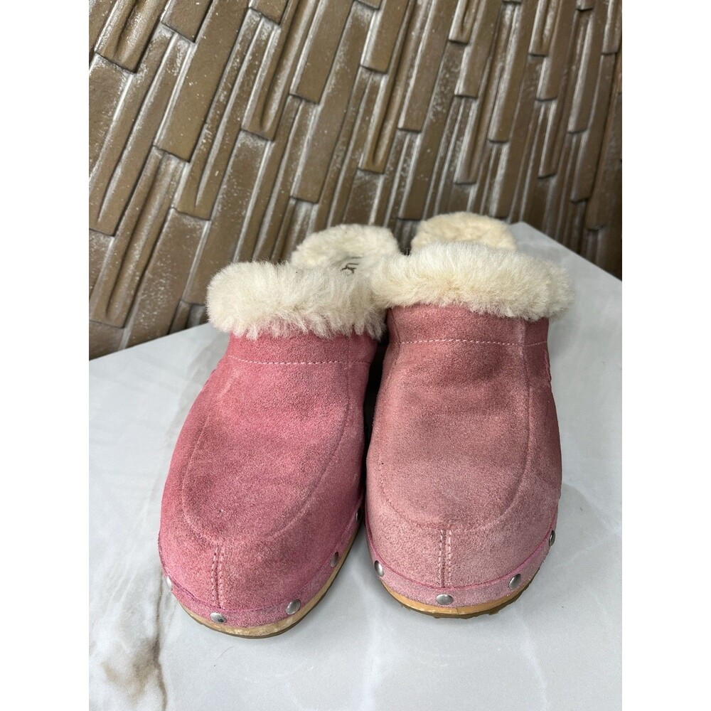 UGG Women Sz 8 Kalie Pink Suede Leather Mule Clog Heels Shoes Fur Wool Shearling - Picture 3 of 9
